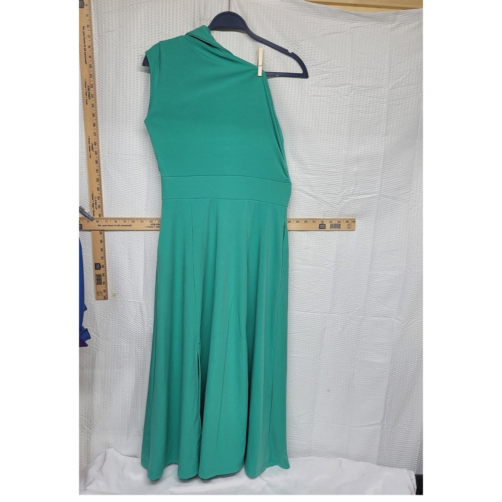 Jade Green One Shoulder Midi Dress Scarf Neck Banded Waist A-Line Size Medium